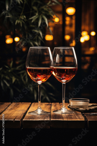 Two glasses of red and white wine on a wooden table in a restaurant.