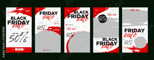 Set Black Friday sale social with red brush media feed or story