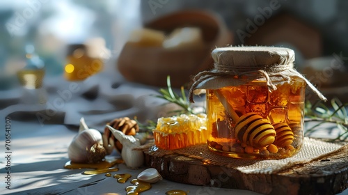 Honey in a glass jar with honeycombs, garlic and a honey dipper on a wooden background