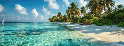 Palm trees on the beach on a tropical island in the Maldives photo