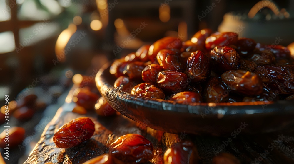 Dried dates in a bowl on a wooden table. Selective focus. Dried dates in a bowl on a wooden table. Selective focus.