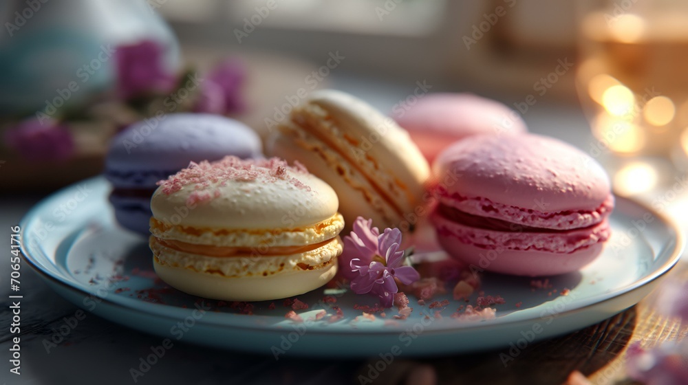 Colorful macaroons on a plate on a wooden background. Colorful macaroons on a plate on a wooden background.