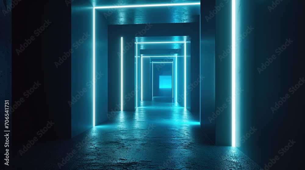 3d render, abstract minimalist green geometric background. Bright neon light going through the vertical slot. Doorway portal glowing in the dark. Generative Ai