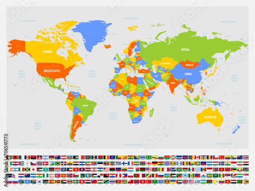 Colored political map of World with country and water labels. With set of national flags of countries under the map. Vector illustration.