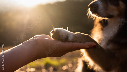 Dog's paw in human's hand photo