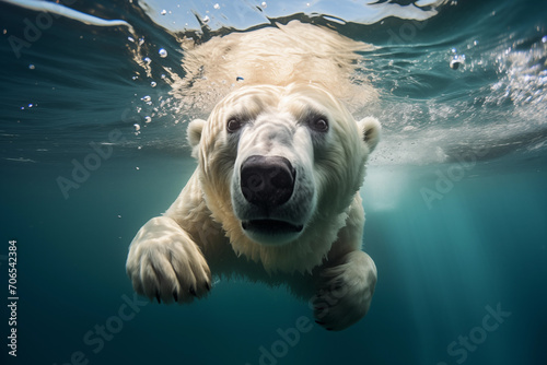 Underwater close up front view of a swimming polar bear in the arctic ocean or in a zoo