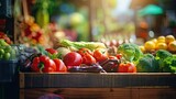 A vibrant farmers market with colorful fruits and vegetables displayed on wooden crates, Telephoto Lenses, multiple exposure, CG characters, 16k, high detail