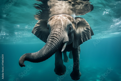 Underwater close up view of a swimming elephant © Delphotostock