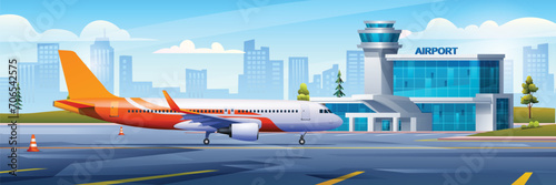 International airport building with airplane, terminal, gate and runway on cityscape background. Vector cartoon illustration