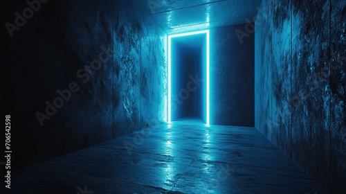 3d render  abstract minimalist green geometric background. Bright neon light going through the vertical slot. Doorway portal glowing in the dark. Generative Ai