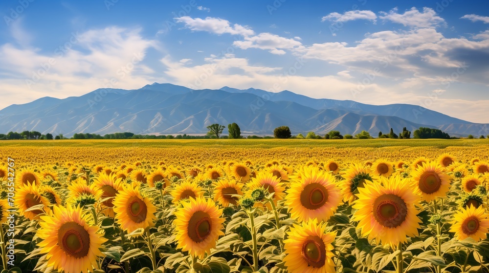 Obraz premium Sunflower Field Against Mountain Backdrop - AI Generated