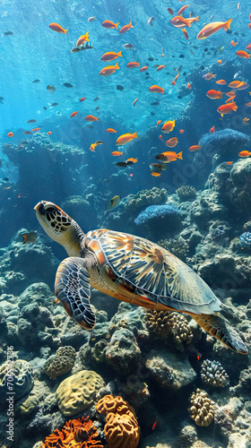Sea Turtle Surrounded by a School of Colorful Fish, Creating a Vibrant and Serene Scene in the Ocean Depths