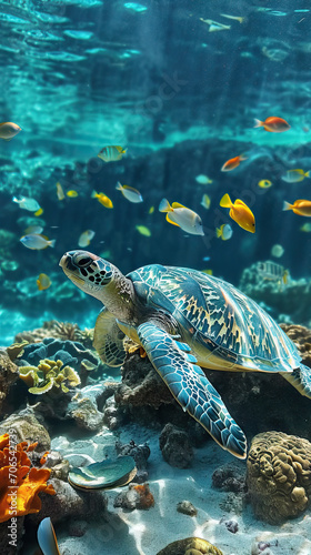 Sea Turtle Surrounded by a School of Colorful Fish, Creating a Vibrant and Serene Scene in the Ocean Depths © Lila Patel