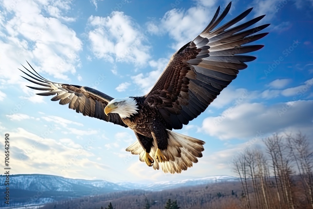 An eagle spreads its wings and flies in the blue sky, paramount light, prokaryotic, 32K, high resolution An eagle spreads its wings and flies in the blue sky, paramount light, prokaryotic, 32K, high resolution