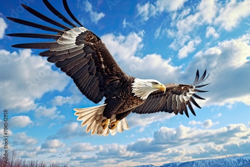 An eagle in flight, flying high among the blue sky and white clouds, capture photography, cartoon style, 16k, HDR  © sambath