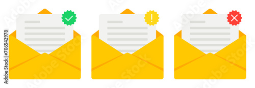 Notification letter set. Icon of sending a letter, delivered mail. Successful, attention, unsuccessful notification. photo