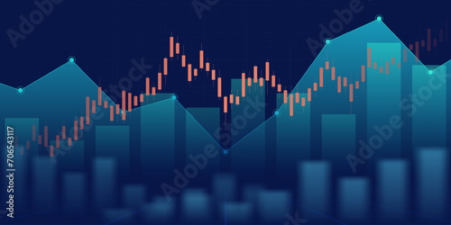 Business financial graph with uptrend line and bar chart of stock market on blue color background