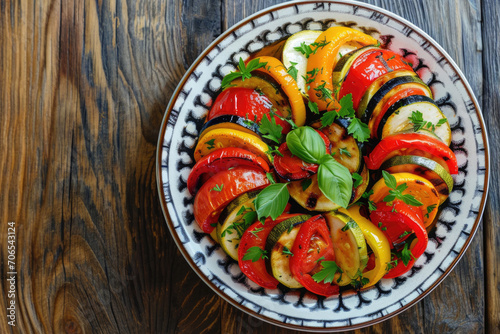 A beautifully arranged plate of ratatouille, a medley of colorful vegetables cooked to perfection