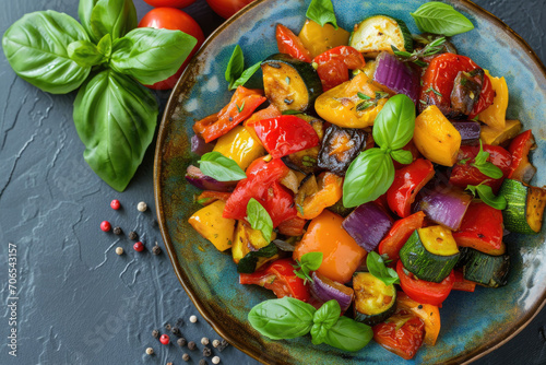 A beautifully arranged plate of ratatouille, a medley of colorful vegetables cooked to perfection