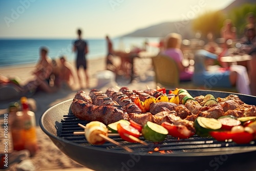Barbecue, foreground with grilled vegetables, vegetarian barbecue, fire, barbecue party at the beach in the background, people having fun, photorealistic, summer day, 8k, highly detailled photo