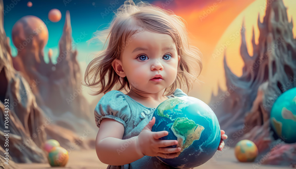 Naklejka premium Planet Earth in the children's hands of a beautiful touching baby.