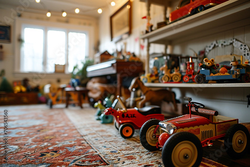 A vintage toy-themed playroom with classic toys, pedal cars, and rocking horses photo