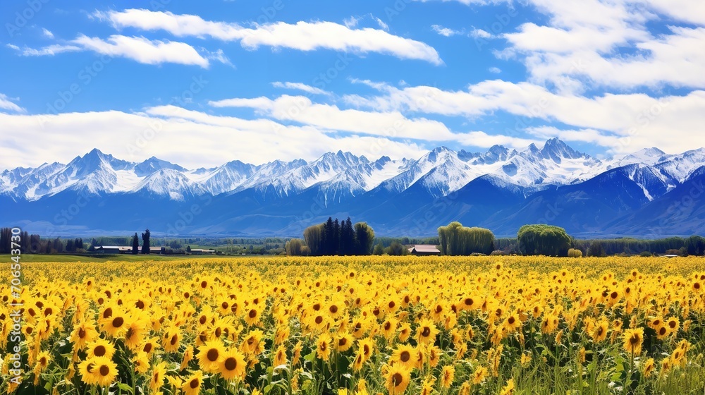 Sunflower Field Against Mountain Backdrop - AI Generated