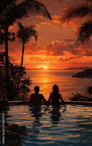 Romantic couple relaxing in swimming pool at sunset. Romantic evening in tropics