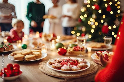 Christmas decorated table with several plates with delicious Christmas cookies with family of four consisting of father, mother (both mid-30s) and two children, 