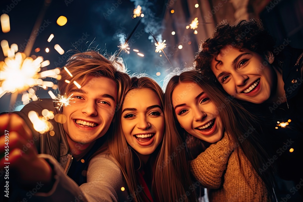 Group of young people celebrating new year eve with fireworks - Holidays and friendship concept Group of young people celebrating new year eve with fireworks - Holidays and friendship concept