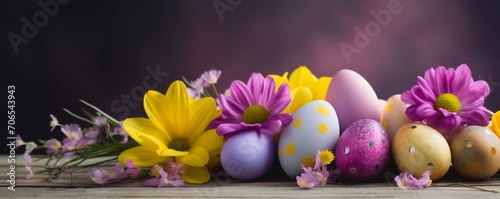 Easter banner with multicolored eggs, purple daisies and yellow daffodils close up, with empty copy space Generative AI
