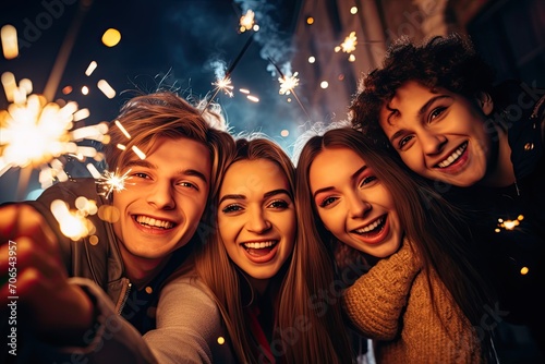 Group of young people celebrating new year eve with fireworks - Holidays and friendship concept 