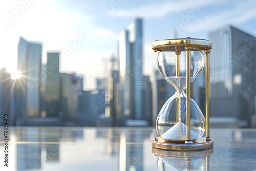 Hourglass on a Table with Cityscape Background