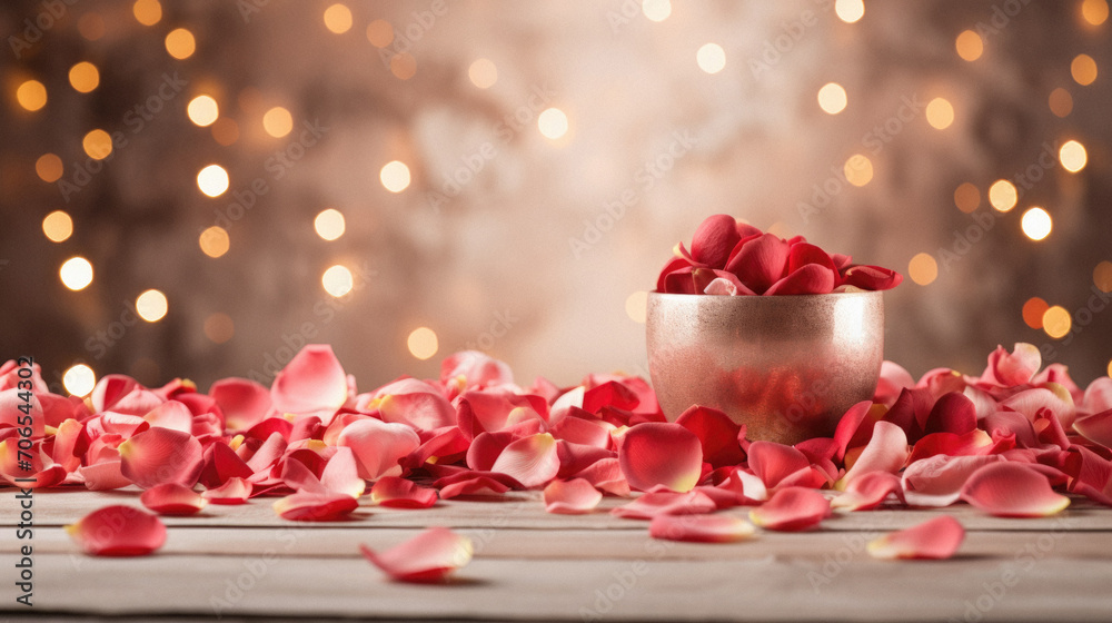 Bowl with rose petals on wooden table against bokeh lights.