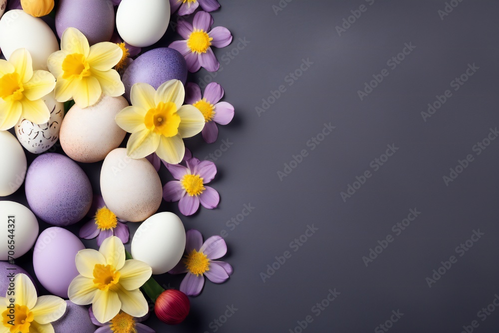 Easter banner with multicolored eggs, purple daisies and yellow daffodils close up, with empty copy space Generative AI Easter banner with multicolored eggs, purple daisies and yellow daffodils close up, with empty copy space Generative AI