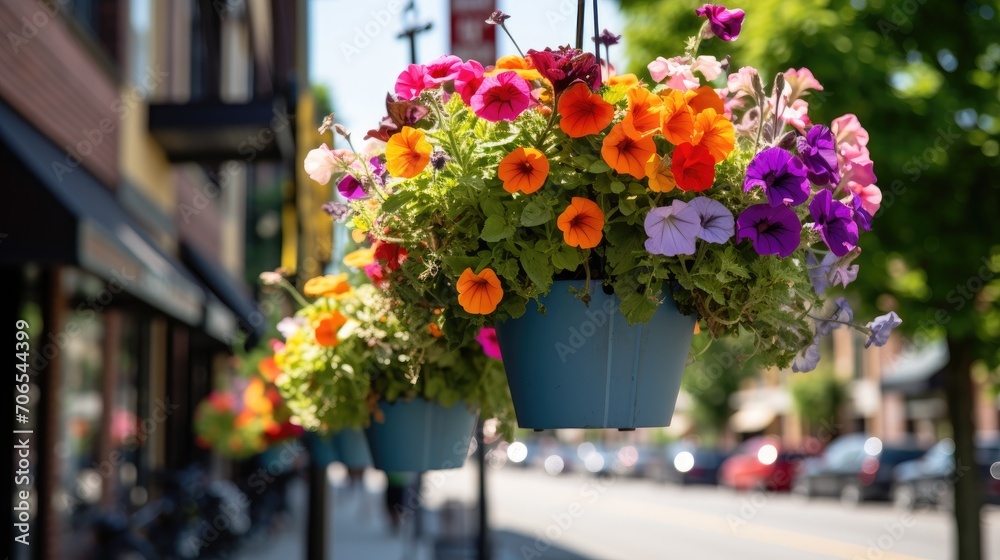 Different colorful flowers in hanging baskets in West Seattle, Washington.