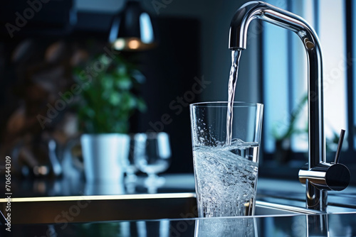 water flows from a faucet into a glass in the kitchen photo