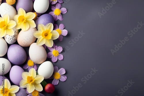 Easter banner with multicolored eggs  purple daisies and yellow daffodils close up  with empty copy space Generative AI
