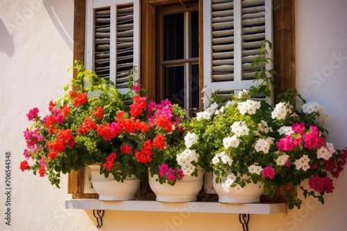 Design a wooden window with multiple tiers to accommodate flower pot © sambath