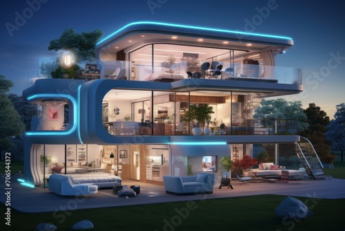 Photo of a futuristic smart home with automated lighting. Generative AI © Aditya