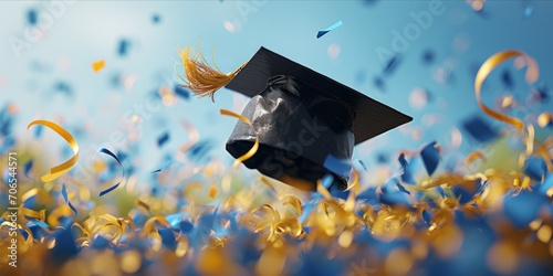 Graduation hat and confetti on blue sky background. Mixed media photo