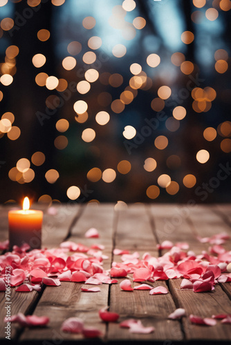 Candle and rose petals on wooden table with bokeh background.