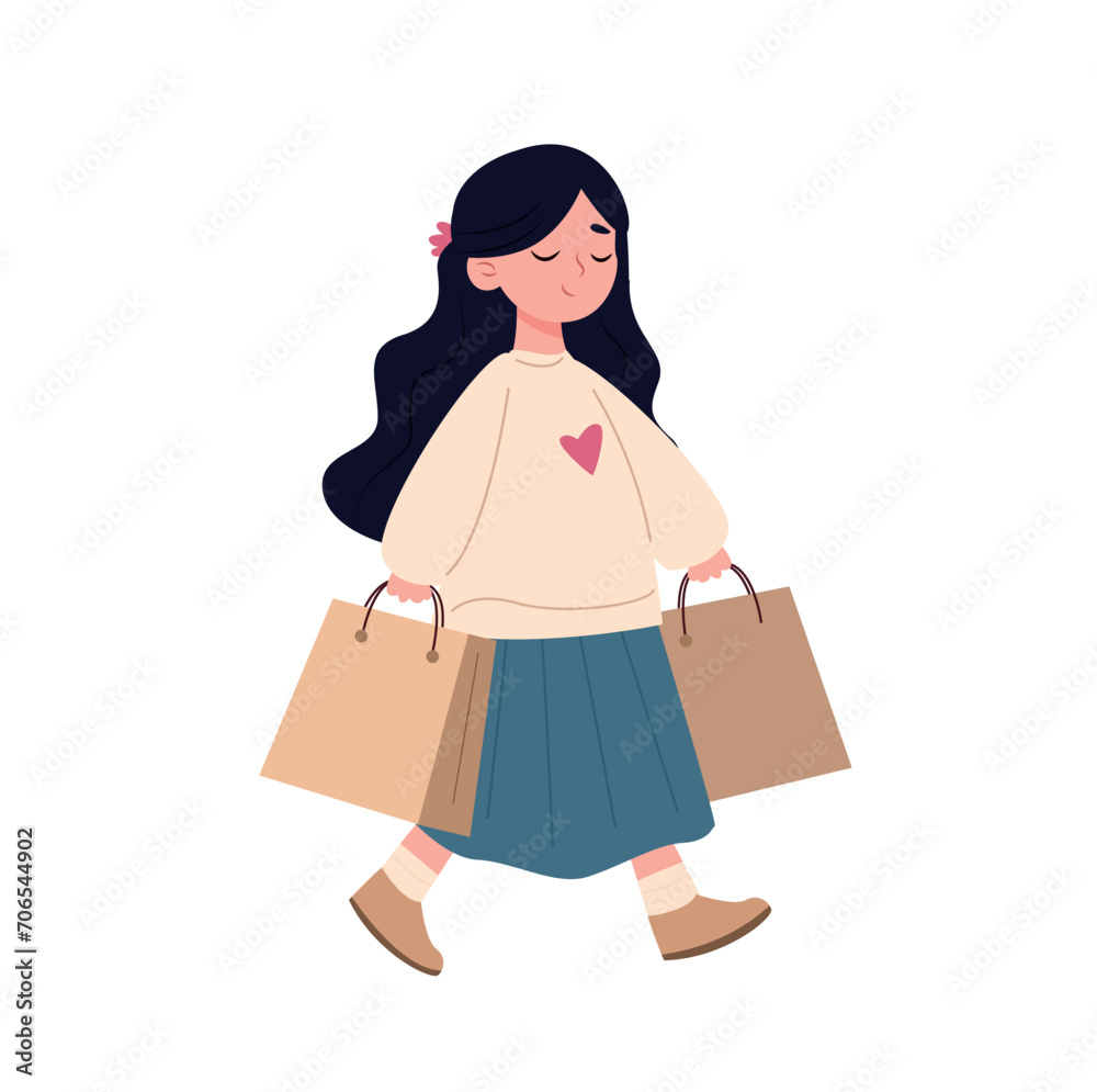 Cute girl with shopping bags. Vector illustration in cartoon style. Cute girl with shopping bags. Vector illustration in cartoon style.