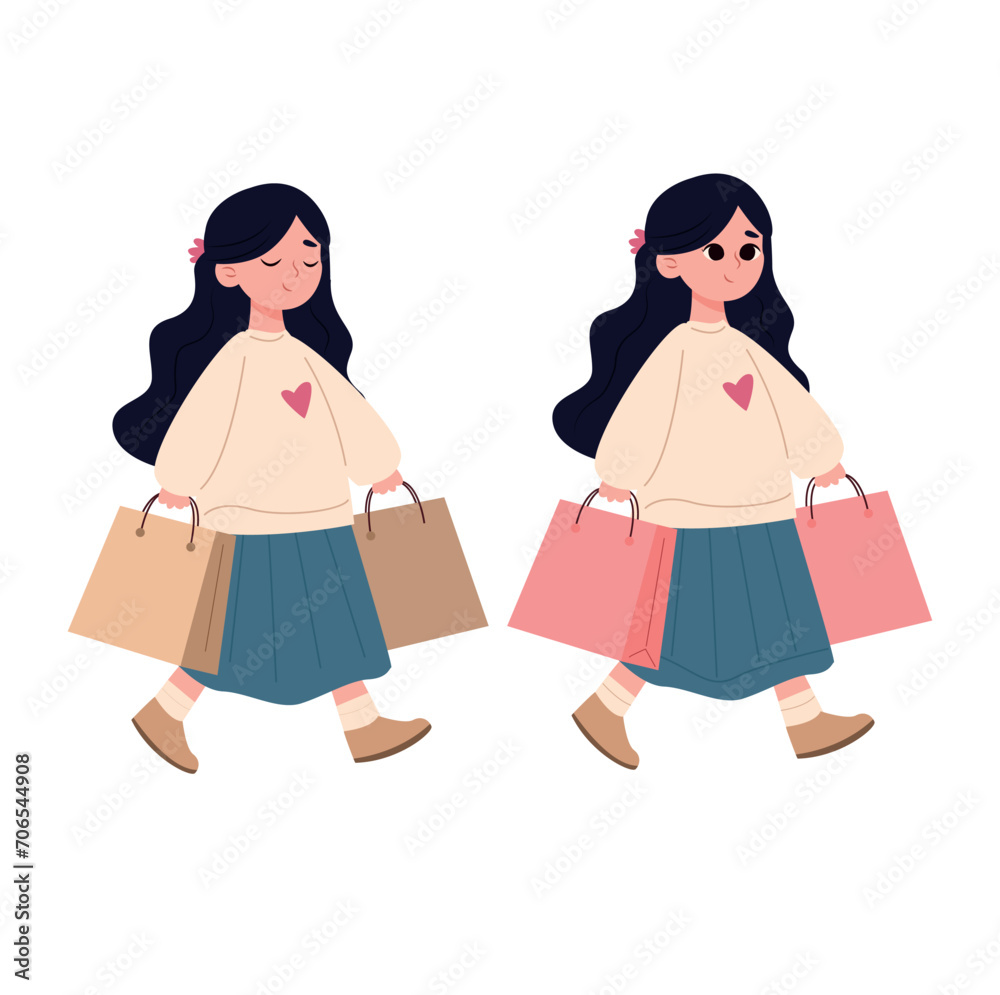 Cute little girls with shopping bags. Vector illustration in cartoon style.