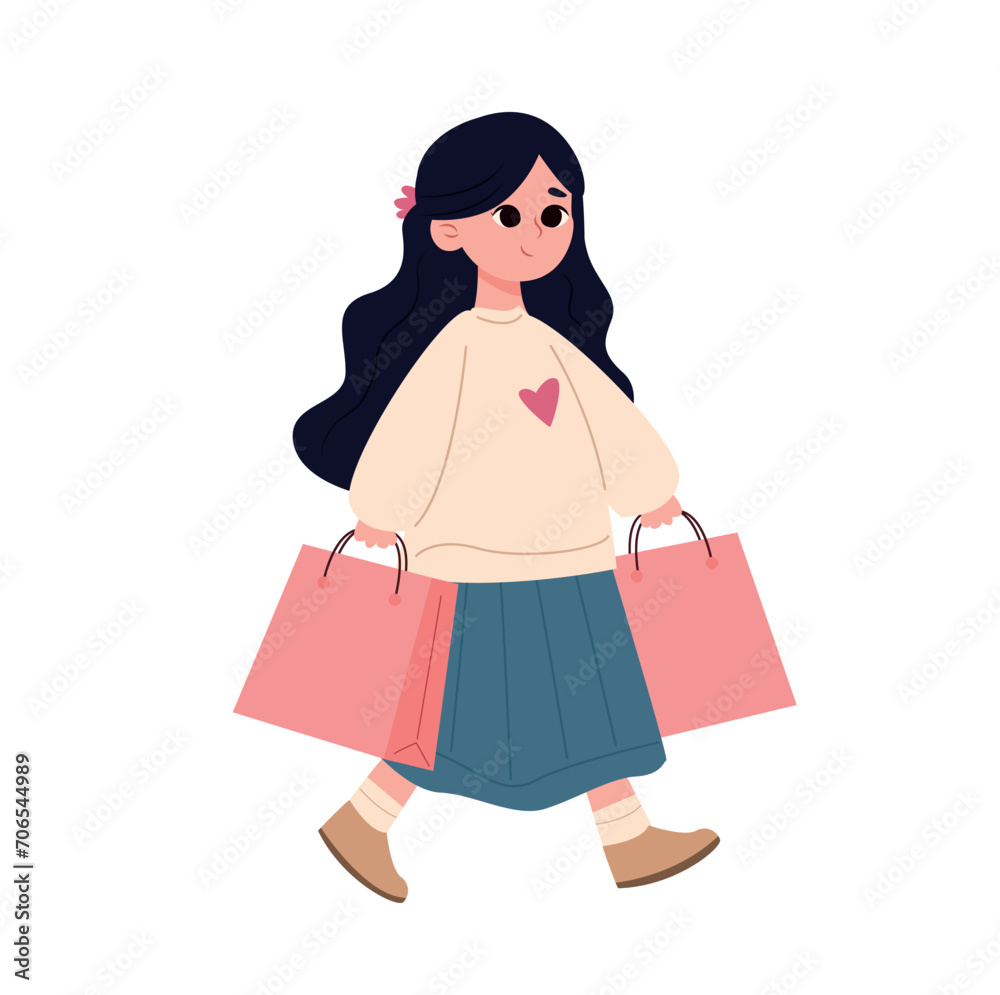 Cute girl with shopping bags. Vector illustration in cartoon style.