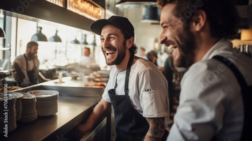 Obraz na płótnie Cheerful chefs laughing in a bustling restaurant kitchen. w salonie