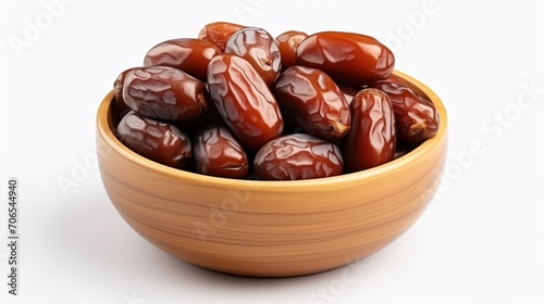 Dates fruit in wooden bowl isolated on white background with clipping path