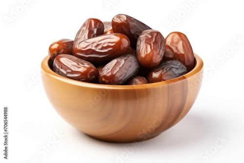 Dates fruit in wooden bowl isolated on white background close up.