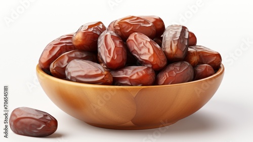 Dates fruit in wooden bowl isolated on white background. Clipping path