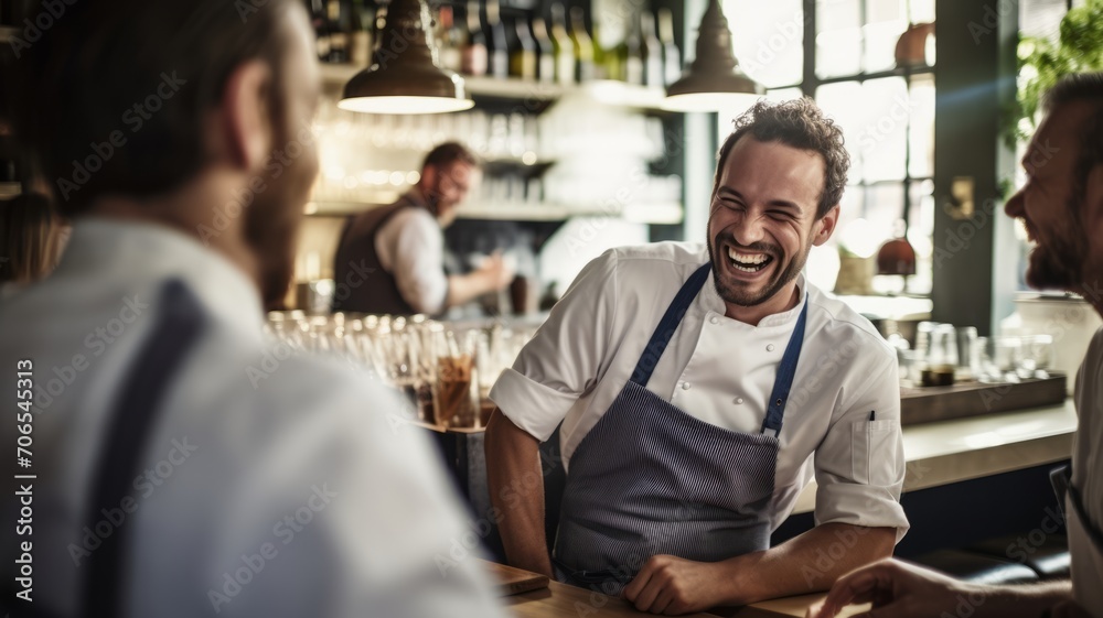 Cheerful male bartender in apron laughing with customers at a trendy bar. Cheerful male bartender in apron laughing with customers at a trendy bar.